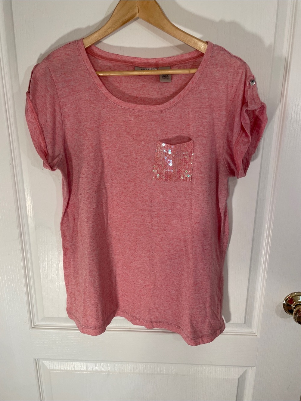 fresh Pink Short Sleeve Tee with Sequin Pocket